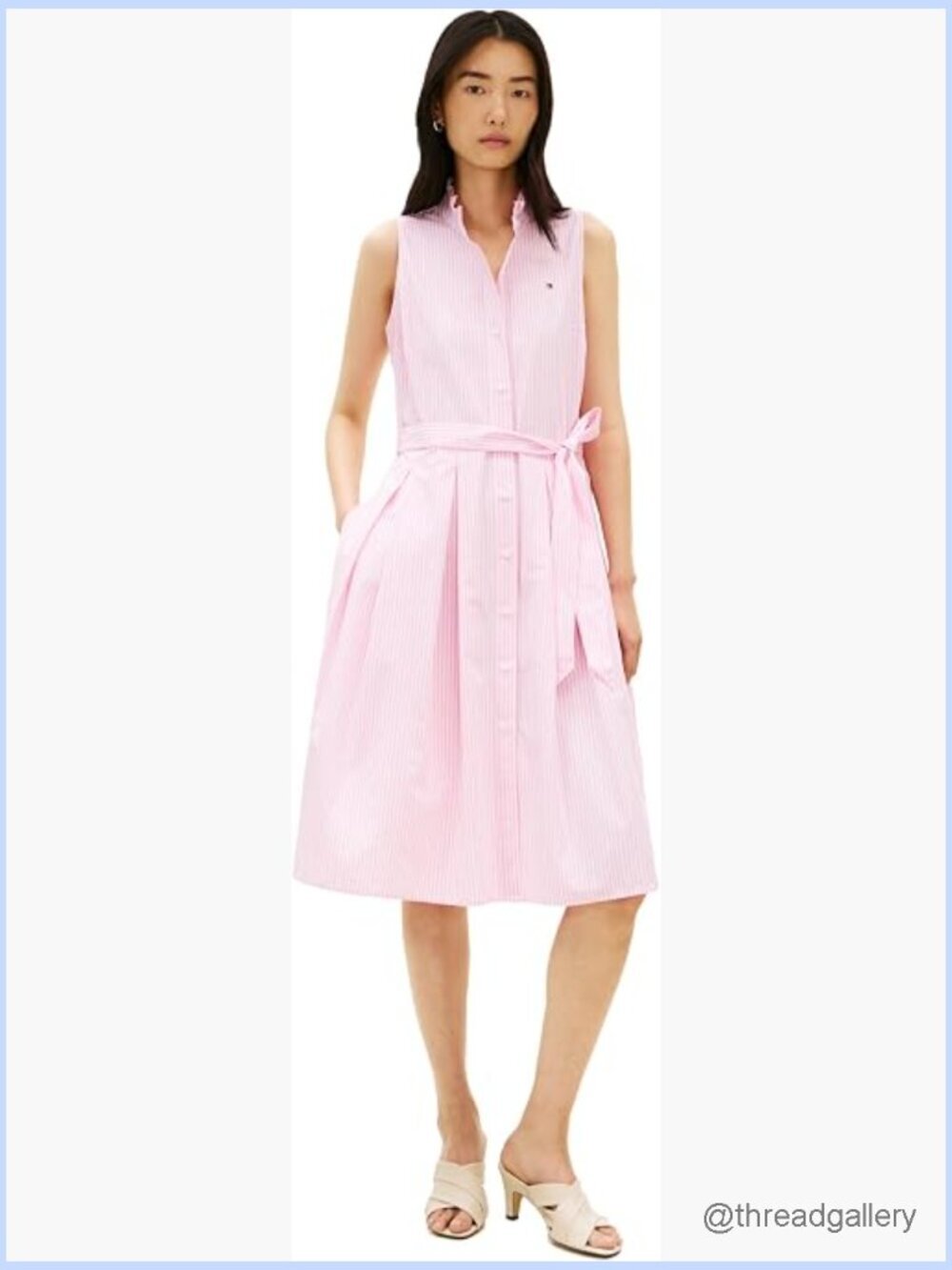 Sleeveless Cotton Shirt Dress with Button Front & Waist Tie